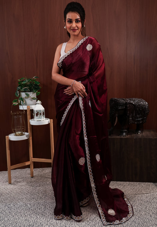 Maroon Tissue Embroidery Saree with Blouse Piece