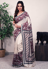 Off White Tussar Pure Silk Kantha Saree With Blouse Piece