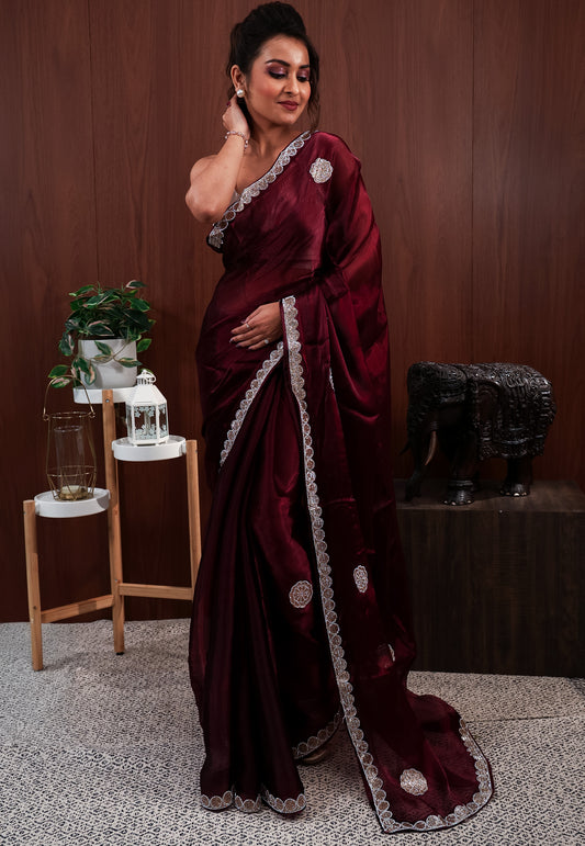 Maroon Tissue Embroidery Saree with Blouse Piece