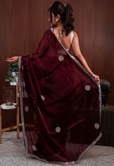 Maroon Tissue Embroidery Saree with Blouse Piece