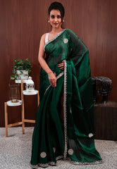 Bottle Green Embroidery Saree with Blouse Piece