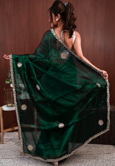 Bottle Green Embroidery Saree with Blouse Piece