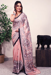 Peach color Pure Silk Kantha Saree With Blouse Piece