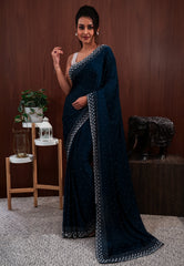 Deep Turquoise Blue with sequin work Embroidery Saree with Blouse Piece