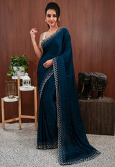 Deep Turquoise Blue with sequin work Embroidery Saree with Blouse Piece