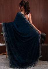 Deep Turquoise Blue with sequin work Embroidery Saree with Blouse Piece