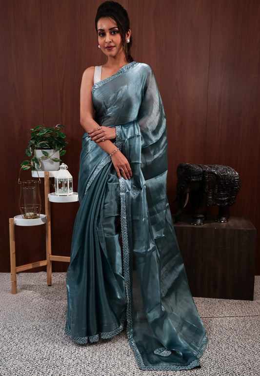 Sage Green Tissue Embroidery Saree with Blouse Piece