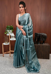 Sage Green Tissue Embroidery Saree with Blouse Piece - Adi Akshoy & Co.