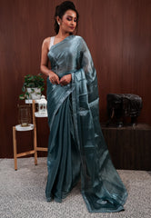 Sage Green Tissue Embroidery Saree with Blouse Piece