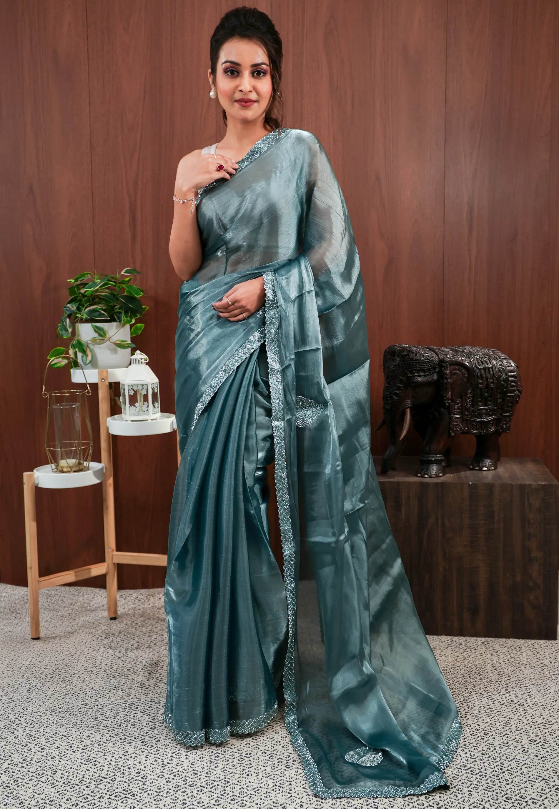 Sage Green Tissue Embroidery Saree with Blouse Piece - Adi Akshoy & Co.