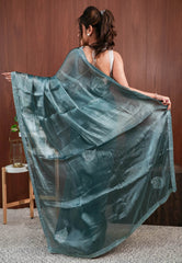 Sage Green Tissue Embroidery Saree with Blouse Piece - Adi Akshoy & Co.