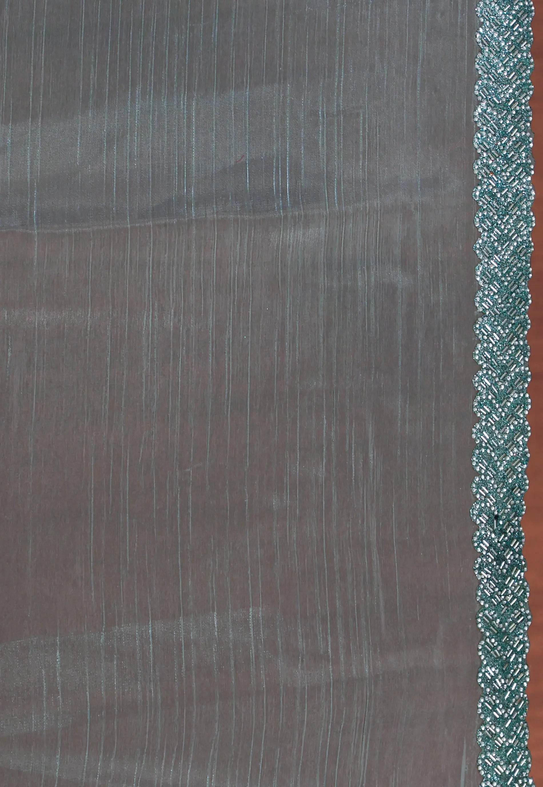 Sage Green Tissue Embroidery Saree with Blouse Piece - Adi Akshoy & Co.