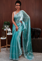 Sea Green Tissue Embroidery Saree with Blouse Piece