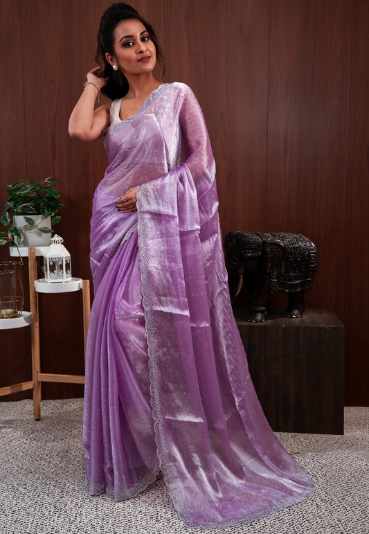 Mauve Tissue Embroidery Saree with Blouse Piece