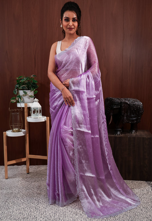 Mauve Tissue Embroidery Saree with Blouse Piece