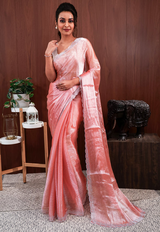 Peach Tissue Embroidery Saree with Blouse Piece