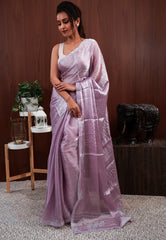 Mauve Tissue Embroidery Saree with Blouse Piece