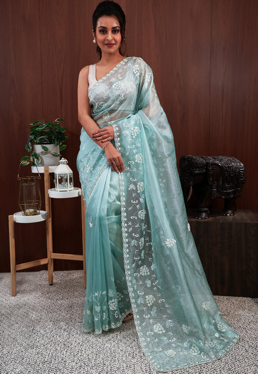 Sea Green Embroidery Saree with Blouse Piece