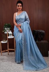 Blue Tissue with Embroidery work Saree with Blouse Piece