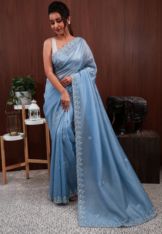 Blue Tissue with Embroidery work Saree with Blouse Piece