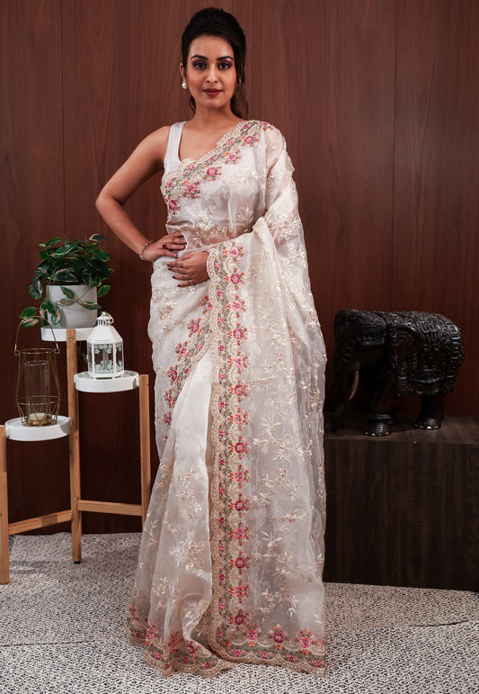 Off White Organza with Resham and sequin Embroidery work Saree with Blouse Piece