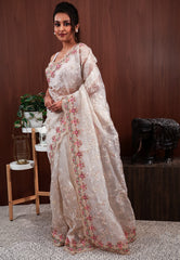 Off White Organza with Resham and sequin Embroidery work Saree with Blouse Piece