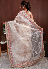 Off White Organza with Resham and sequin Embroidery work Saree with Blouse Piece