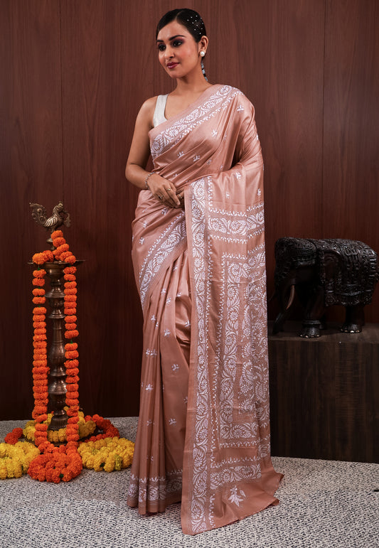 Peach Kantha Pure Silk Saree With Blouse Piece