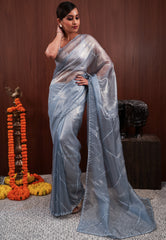 Grey Tissue with sequin Embroidery work Saree with Blouse Piece