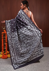 Grey Kantha Pure Silk Saree With Blouse Piece