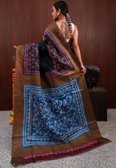 Black and Onion Pink half and half Design with Blue Patli Tussar Kantha Pure Silk Saree With Blouse Piece