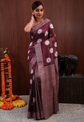 Maroon Kantha Pure Silk Saree With Blouse Piece