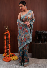 Blue Embroidery Saree with Blouse Piece