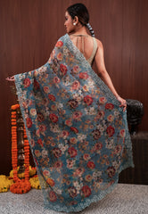 Blue Embroidery Saree with Blouse Piece