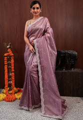 Mauve Tissue with Sequin Embroidery work Saree with Blouse Piece