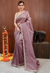 Mauve Tissue with Sequin Embroidery work Saree with Blouse Piece
