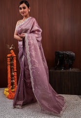 Mauve Tissue with Sequin Embroidery work Saree with Blouse Piece