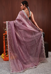 Mauve Tissue with Sequin Embroidery work Saree with Blouse Piece