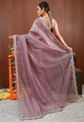 Mauve Tissue with Sequin Embroidery work Saree with Blouse Piece