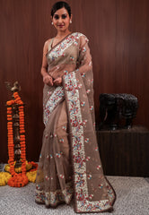 Brown Organza with Resham Embroidery work Saree with Blouse Piece