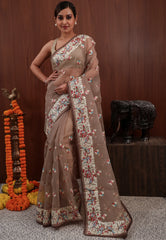 Brown Organza with Resham Embroidery work Saree with Blouse Piece