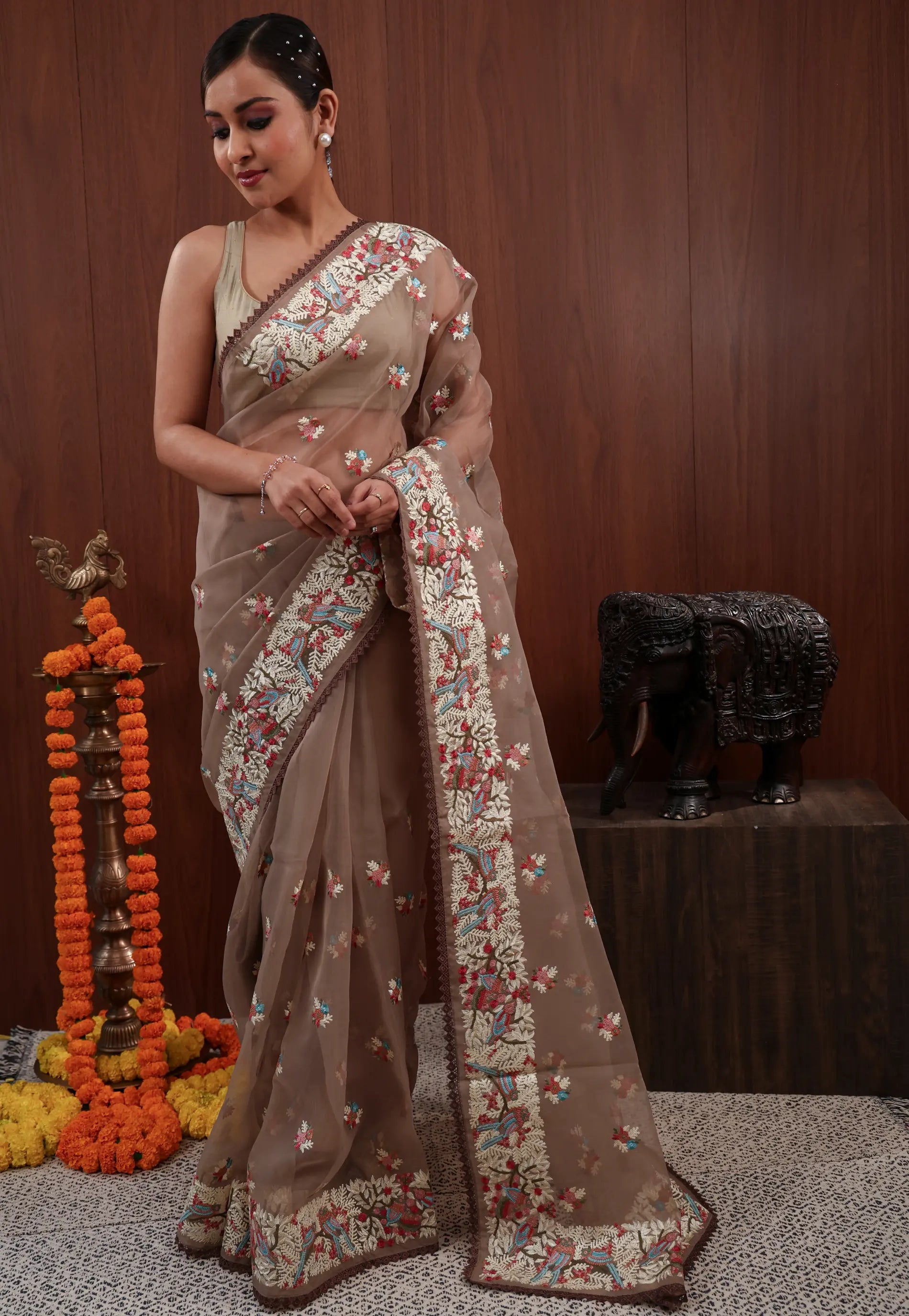 Brown Organza with Resham Embroidery work Saree with Blouse Piece
