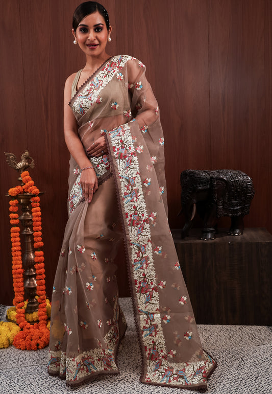 Brown Organza with Resham Embroidery work Saree with Blouse Piece