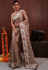 Brown Organza with Resham Embroidery work Saree with Blouse Piece