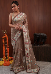 Brown Organza with Resham Embroidery work Saree with Blouse Piece