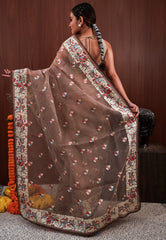 Brown Organza with Resham Embroidery work Saree with Blouse Piece