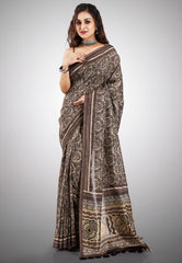 Brown Tussar Silk with Ajrakh Print saree with Blouse Piece