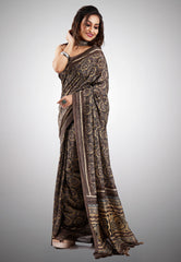 Brown Tussar Silk with Ajrakh Print saree with Blouse Piece