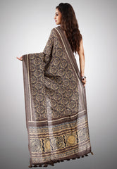 Brown Tussar Silk with Ajrakh Print saree with Blouse Piece
