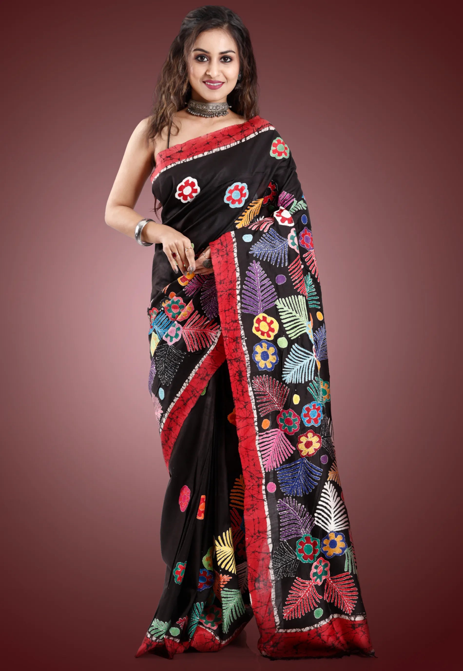 Black Colour Pure Tussar Silk Kantha Saree With Blouse Piece